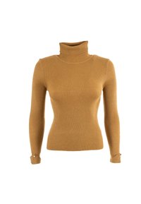 Maglione a collo alto a coste giallo senape. Design aderente con maniche lunghe e dettagli con bottoni sui polsini. Texture morbida.