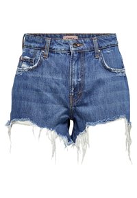 Pantalones cortos de mezclilla con bajo deshilachado, lavado azul claro, acentos desgastados y diseño de cinco bolsillos. Presenta un cierre de botón y trabillas para el cinturón.