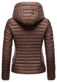 Brown puffer jacket with a hood and horizontal quilted design. Features a smooth texture and branded accents on the lower sides.