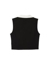 Sort ærmeløs top med hvid krave. Stoffet er glat og strækbart, med et cropped design og rene kanter. Ingen yderligere detaljer.