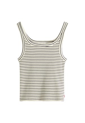 Hvid ærmeløs crop top med tynde sorte vandrette striber og rundet udskæring.