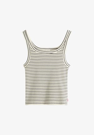 White sleeveless crop top with thin black horizontal stripes and a scoop neckline.