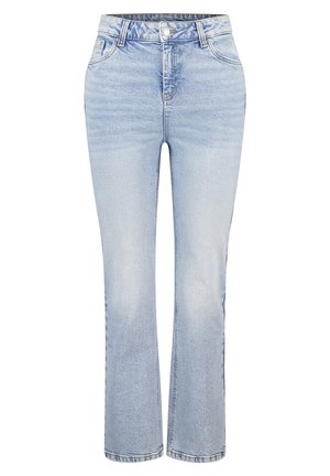 Lichtblauwe spijkerbroek met hoge taille, rechte pijpen, vervaagde wassing, vijf zakken en een knoopsluiting aan de voorkant.