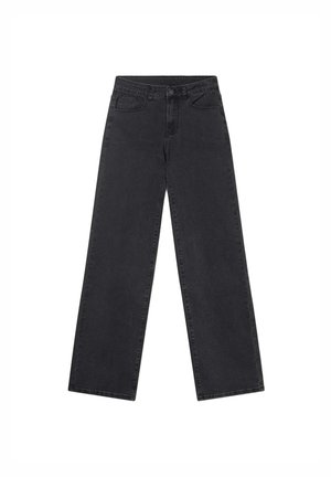 Jeans de pierna ancha negros hechos de mezclilla, con cierre de botón, bolsillos frontales y una textura suave con un acabado limpio.