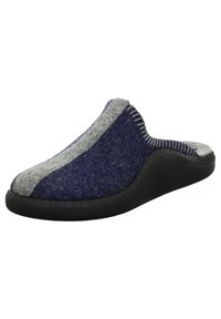 Chausson en feutre bleu marine et gris avec un design incurvé, texture douce et semelle en caoutchouc noir. Présente des coutures visibles le long du bord supérieur.