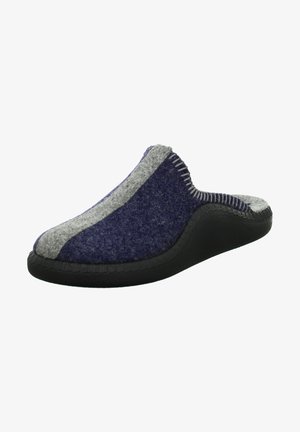 Navy and gray felt slipper with a curved design, soft texture, and black rubber sole. Features visible stitching along the upper edge.