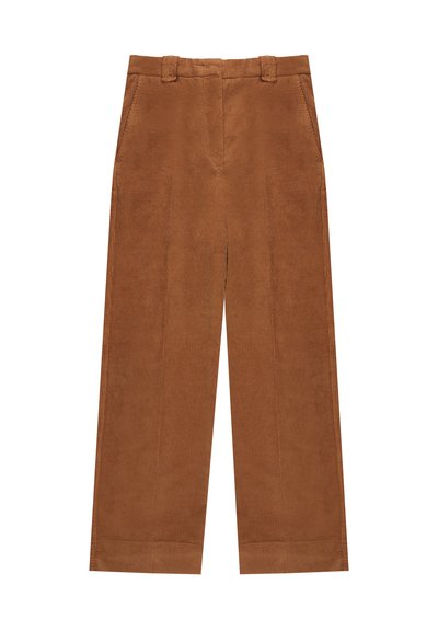 Bruine corduroy wijde broek met een gladde textuur, voorzien van zijzakken en een tailleband met lussen voor een riem.