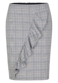 Grå rutiga kjolen med en volangdetalj längs vänster sida, med en rak silhuett och dragkedja bak.