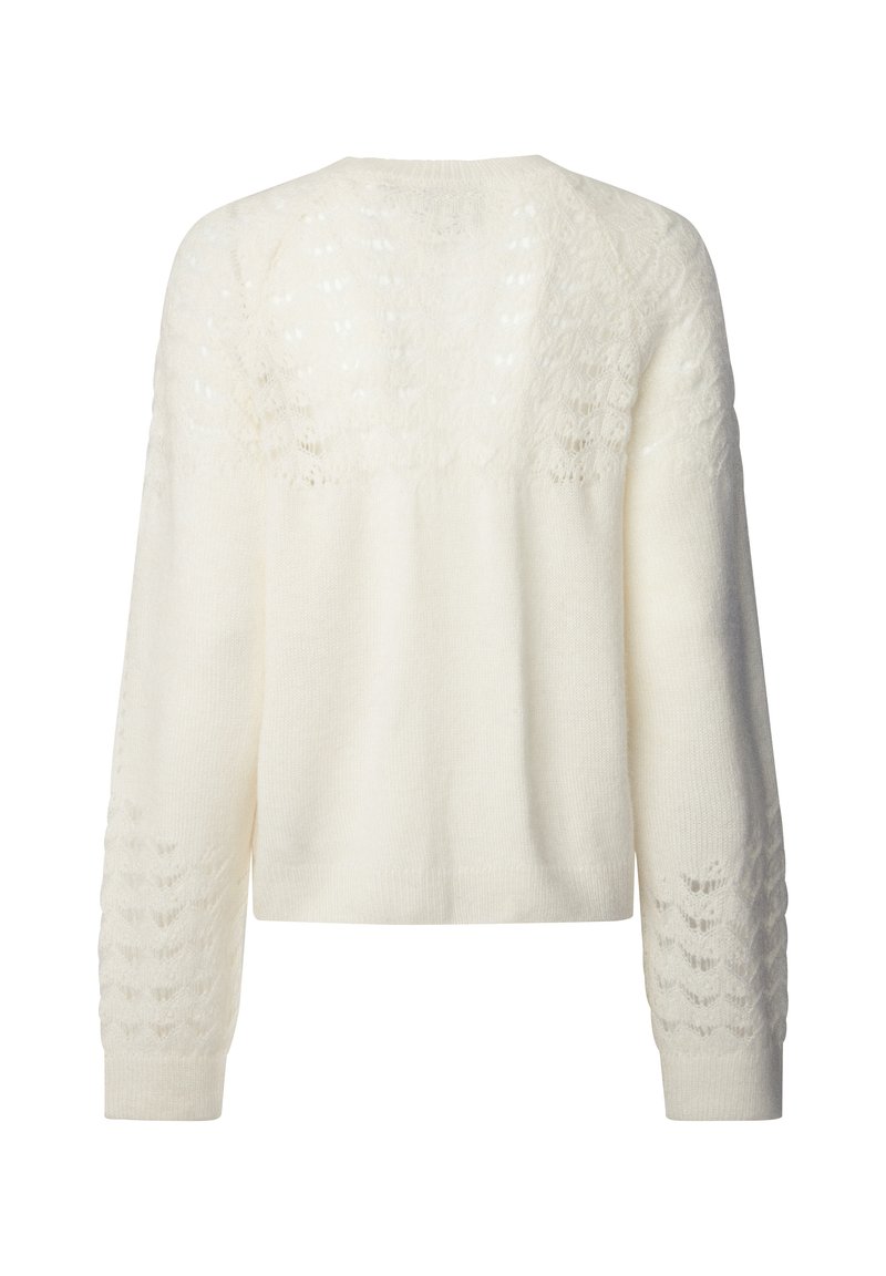 Witte gebreide trui met een ronde hals, voorzien van een textuur lace patroon op de schouders en mouwen, en een cropped ontwerp.