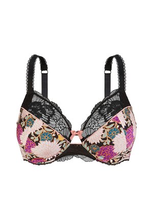 Soutien-gorge en dentelle noire avec un motif floral en rose, violet et bleu, doté de bretelles ajustables et d'un accent en forme de nœud rose central.