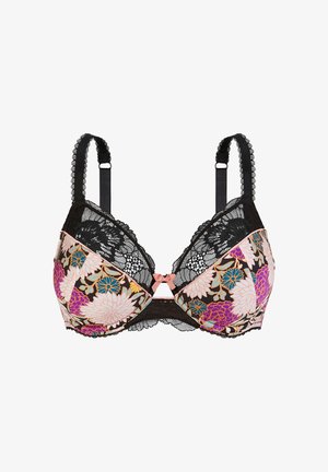 Soutien-gorge en dentelle noire avec un motif floral en rose, violet et bleu, doté de bretelles ajustables et d'un accent en forme de nœud rose central.