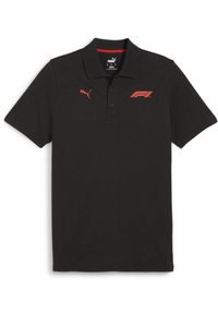 Polo noir en coton, avec un logo Puma rouge sur la poitrine gauche et un accent rouge sur le col. Design à patte de boutonnage à trois boutons.