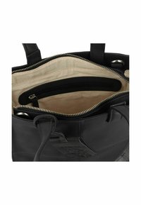 Schwarze Lederhandtasche mit einem Reißverschluss, cremefarbenem Innenfutter, einer seitlichen Innentasche und detaillierter Naht entlang der Kanten.