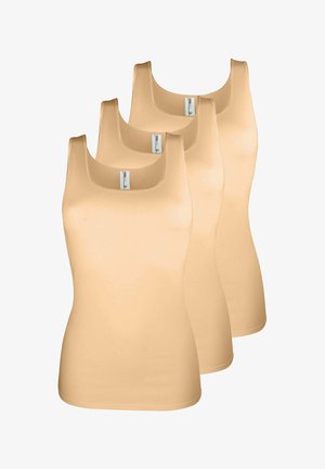 Three beige tank tops with a rounded neckline, slim fit, and shoulder straps; smooth texture, no visible patterns or accents.