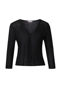 Musta neuletakki, jossa on V-pääntie ja avoin etuosa, valmistettu kevyestä ja teksturoidusta kankaasta, jossa on pitkät hihat ja tiukka malli.