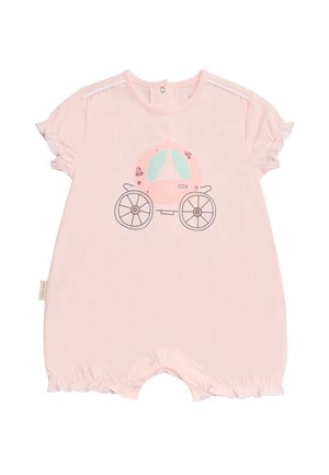 Peto para bebé en rosa claro con mangas cortas con volantes, botones de presión en la parte inferior y un gráfico decorativo de un carruaje en el pecho.