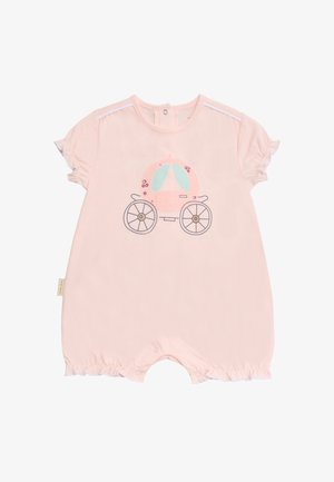 Peto para bebé en rosa claro con mangas cortas con volantes, botones de presión en la parte inferior y un gráfico decorativo de un carruaje en el pecho.