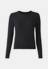 Maglione nero a maniche lunghe realizzato in tessuto morbido, con colletto rotondo e orlo a coste. Texture semplice e liscia senza motivi visibili.