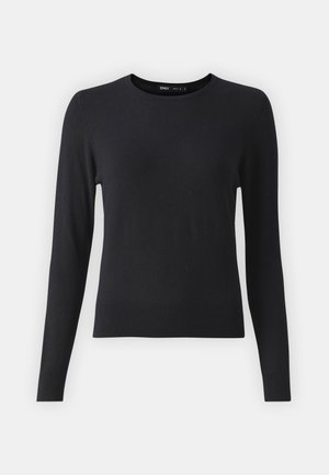 Suéter preto de mangas compridas feito de tecido suave, com um decote redondo e bainha canelada. Textura simples e lisa, sem padrões visíveis.