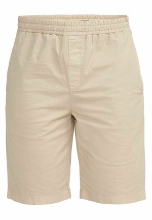 Beige színű pamut rövidnadrág, rugalmas derékkal és oldalsó zsebekkel, térd hosszú, laza stílusú.