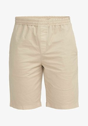 Beige színű pamut rövidnadrág, rugalmas derékkal és oldalsó zsebekkel, térd hosszú, laza stílusú.