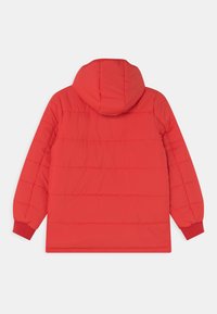 Veste matelassée rouge avec capuche, présentant des sections matelassées horizontales, des poignets côtelés et un ourlet droit. Texture lisse sur toute la surface.