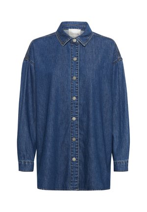 Denim shirt in dark blue, featuring a button-down front, pointed collar, long sleeves, and subtle stitching details.