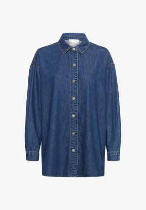 Dunkelblaue Jeanshemd mit Knopfleiste, spitzem Kragen, langen Ärmeln und subtilen Stickdetails.