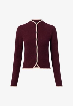 Burgunderfarbener Strickcardigan mit Rundhalsausschnitt, kontrastierendem hellrosafarbenem Saum und sechs schwarzen Knöpfen auf der Vorderseite, mit langen Ärmeln.