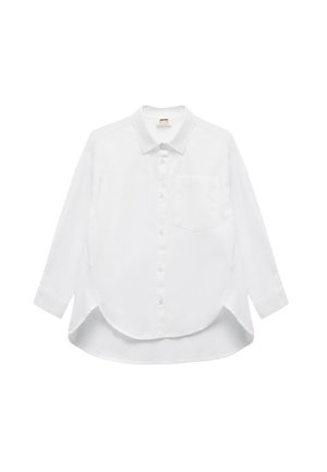 Camisa blanca de manga larga hecha de tejido ligero, con un frente abotonado, cuello y un bolsillo en el pecho. Diseño de dobladillo redondeado.
