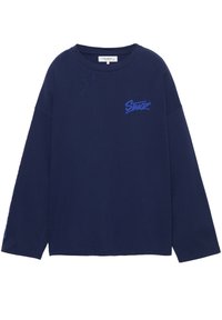 Tricou cu mâneci lungi, de culoare bleumarin, din bumbac, cu un logo albastru pe piept și mâneci, cu guler rotund și croială lejeră.