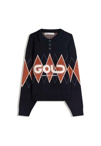 Mornarska pulover s polo ovratnikom, s tremi gumbi, diamantnim vzorcem v oranžni in modri barvi, z belim napisom "GOLD BOUNDLESS JOURNEY".