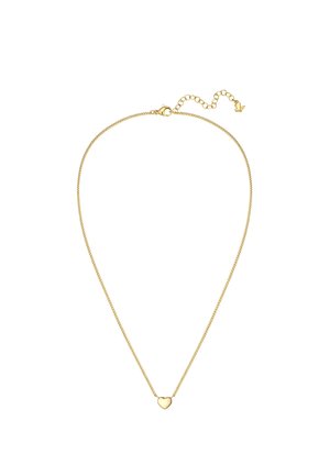 Delicado collar de cadena de oro con un pequeño colgante sólido en forma de corazón y cierre ajustable sobre fondo blanco.