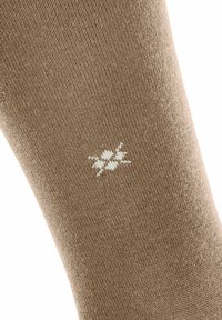 Calzino marrone con texture liscia e punta rinforzata, caratterizzato da un piccolo logo bianco ricamato vicino alla caviglia.