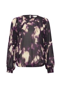 Lila och krämfärgad mönstrad blus med långa ärmar, elastiska manschetter och en rundad halsringning med en nyckelhål bakstängning. Lättviktsmaterial.