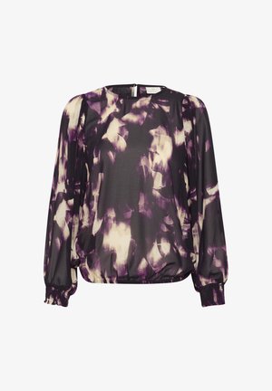 Lila und cremefarbene gemusterte Bluse mit langen Ärmeln, elastischen Bündchen und einem runden Ausschnitt mit einem Schlüssellochverschluss im Rücken. Leichter Stoff.