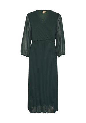 Dark green pleated dress with a v-neckline, three-quarter sheer sleeves, and a fitted bodice, featuring a flowing skirt and soft texture.