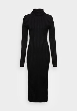 Schwarzes geripptes Strick-Midikleid mit langen Ärmeln und umgeschlagenem Rollkragen.