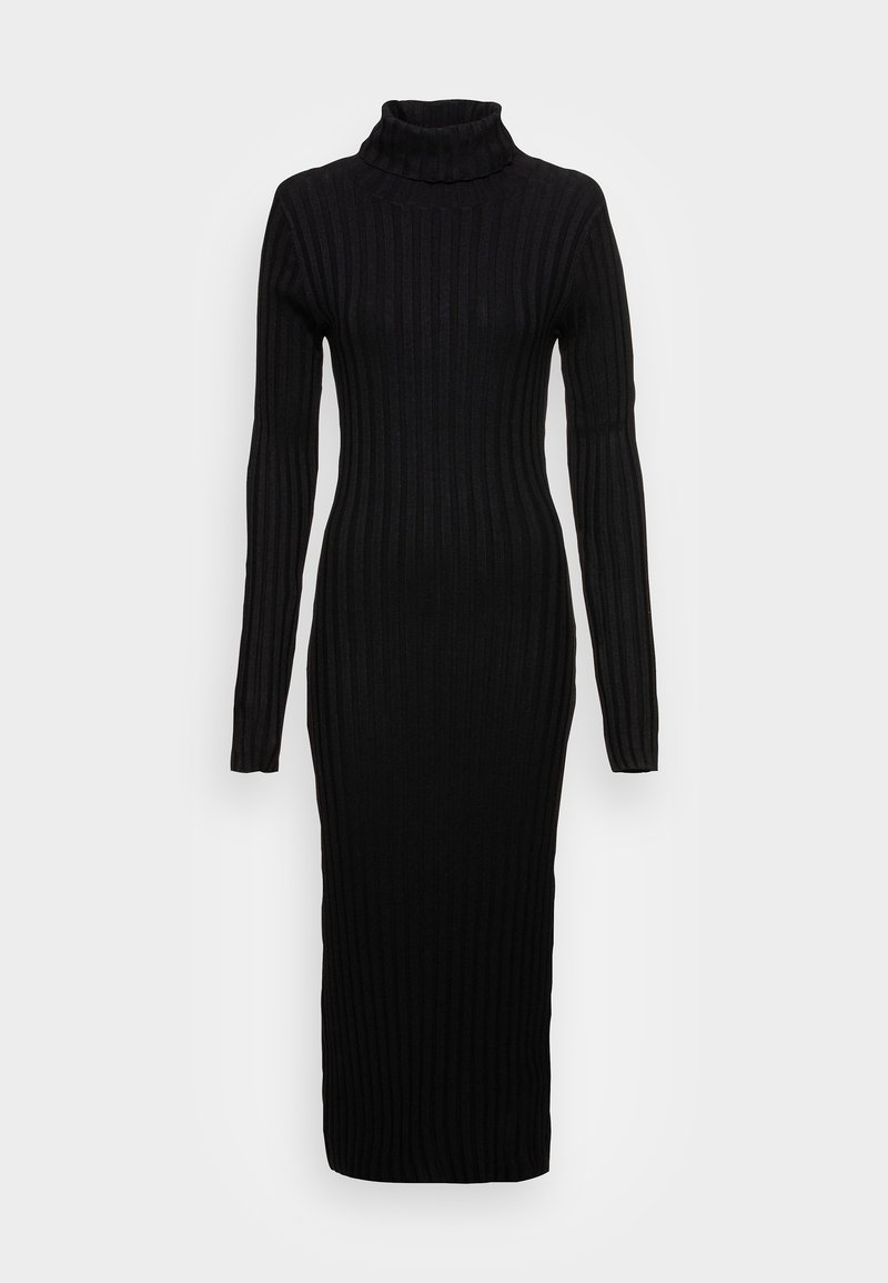 Robe midi en maille côtelée noire avec manches longues et col roulé plié.