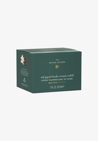 Grøn emballage til genopfyldning af whipped body cream, mærket med produktnavn og duft, med blomsteragtige accenter og guldtekst. Størrelse 220 ml.