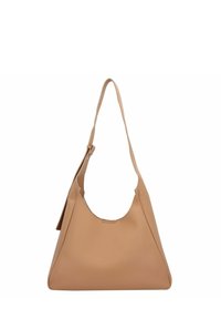 Tasche aus tan-farbenem Leder mit glatter Oberfläche, mit einem halbmondförmigen Design und einem einzelnen verstellbaren Tragriemen. Verfügt über minimale Beschläge und ein geräumiges Innenleben.