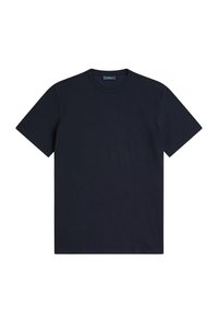 Marineblauwe ronde hals t-shirt van zachte katoen, met korte mouwen en een rechte zoom, zonder zichtbare patronen of accenten.