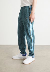 Zelené teplákové kalhoty se vzorem a modro-bílými postranními proužky. Mají elastický pas a nášivku s logem Lacoste. Bílé tenisky.