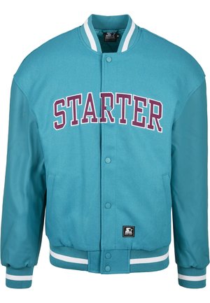 Teal varsity jacket with a solid body, leather sleeves, white-striped cuffs, and a large "STARTER" graphic in burgundy on the front.