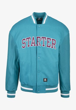 Tirkīza universitātes jakas ar vienkrāsainu muguru, ādas piedurknēm, baltām strīpām pie piedurknēm un lielu "STARTER" grafiku bordeļa krāsā uz priekšpuses.