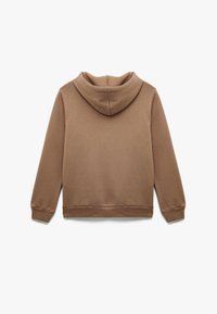 Sudadera con capucha marrón, tela suave, mangas largas, puños y dobladillo acanalados, diseño liso, sin estampados ni adornos, ajuste holgado.