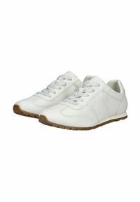 Weiße Leder-Sneaker mit abgerundetem Zehenbereich, Schnürdesign, strukturierten Akzenten und braunen Gummisohlen. Verfügt über subtile Nähedetails.