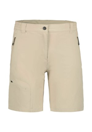 Beige knielange Shorts mit vorderem Knopf und Reißverschluss, elastischem Bund, Gürtelschlaufen und seitlichen Reißverschlusstaschen.