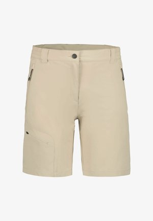 Short beige longueur genou avec bouton et fermeture éclair à l'avant, taille élastique, passants de ceinture et poches latérales zippées.