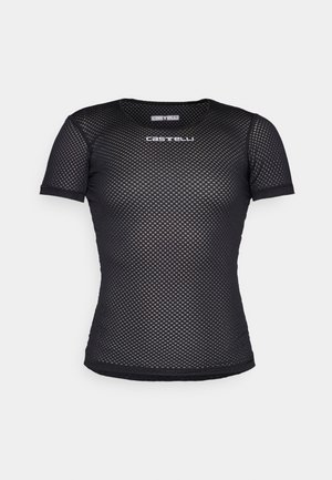 Črna kratkosleeve majica iz mrežaste tkanine z okroglim izrezom. Teksturovana, zračna tkanina z majhnim logotipom "Castelli" na prsih.